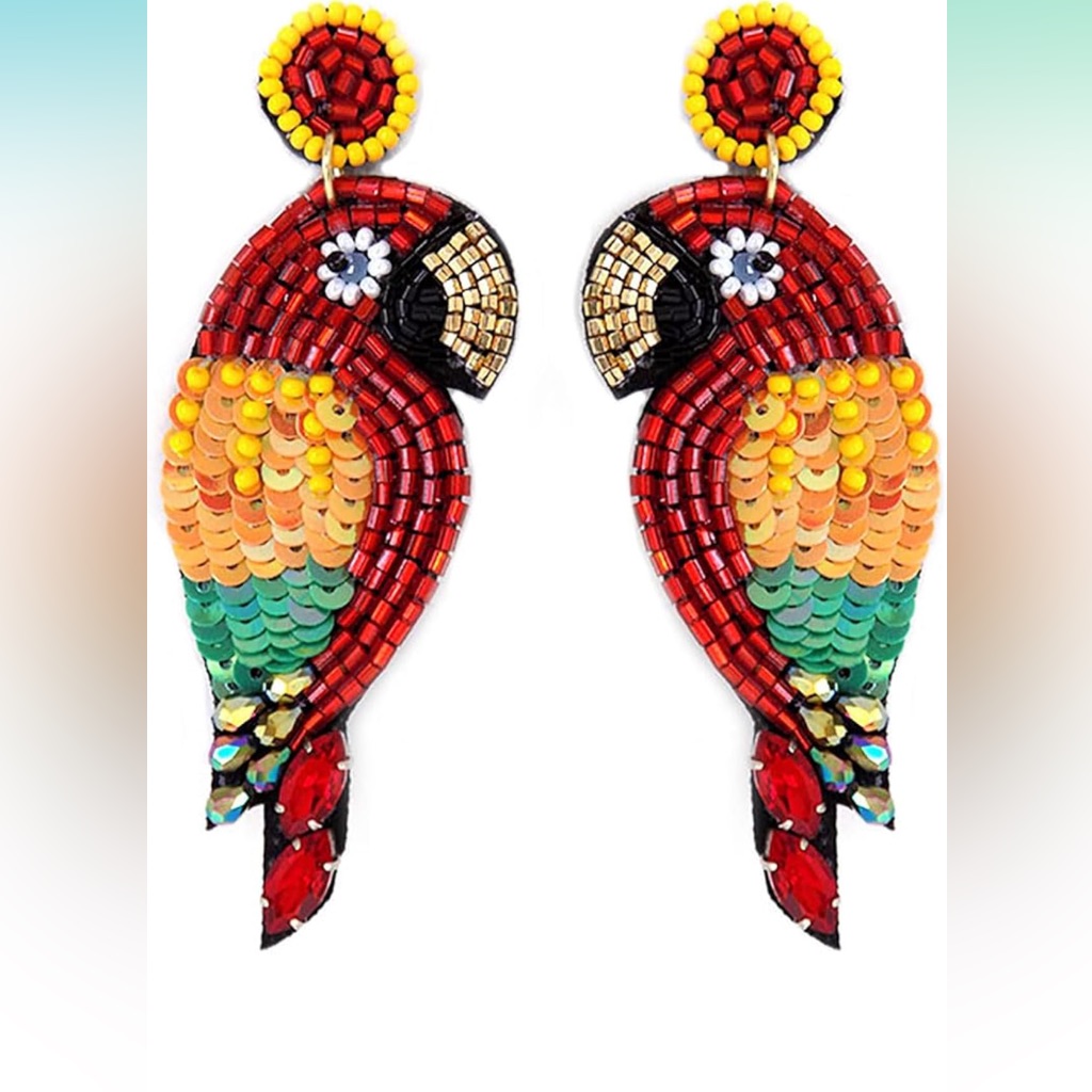Seed Beaded Parrot Tropical Bird Earrings